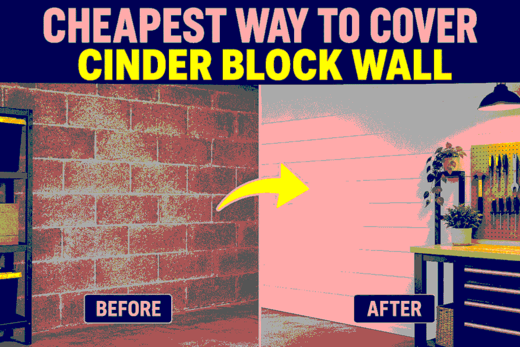 Before and after showing a cinder block wall covered with an inexpensive wall panel
