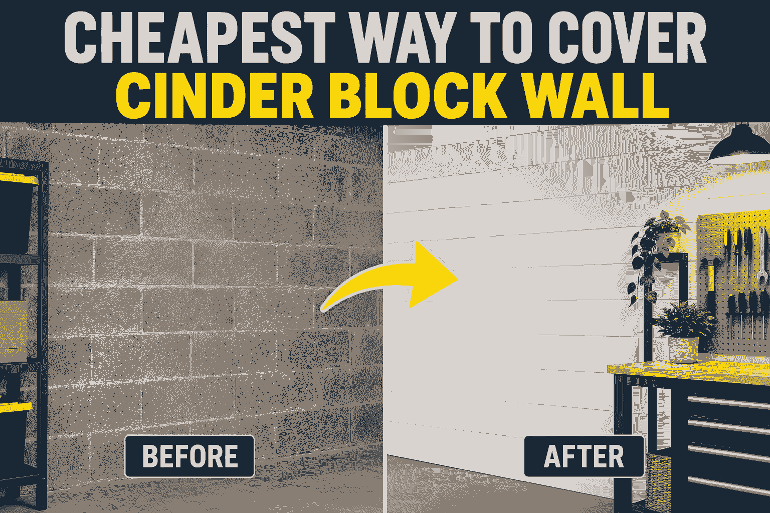 Before and after showing a cinder block wall covered with an inexpensive wall panel