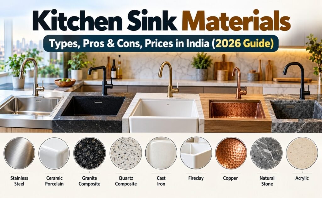 Different kitchen sink materials including stainless steel, ceramic, granite composite, quartz composite, fireclay, copper and natural stone.
